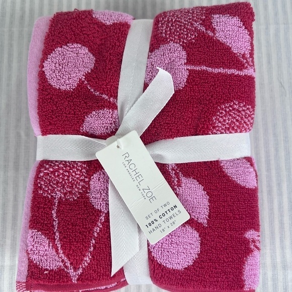 Rachel Zoe Red & Pink Cherry Hand Towels Set of 2 100% Cotton NEW - Picture 2 of 9
